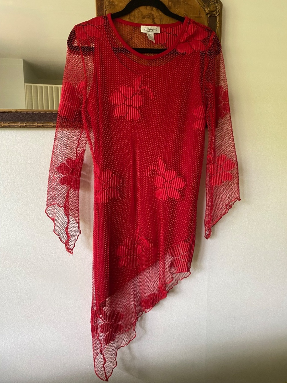 Vintage y2k Red Crochet Lace Floral Asymmetrical Dress Large Boho Summer